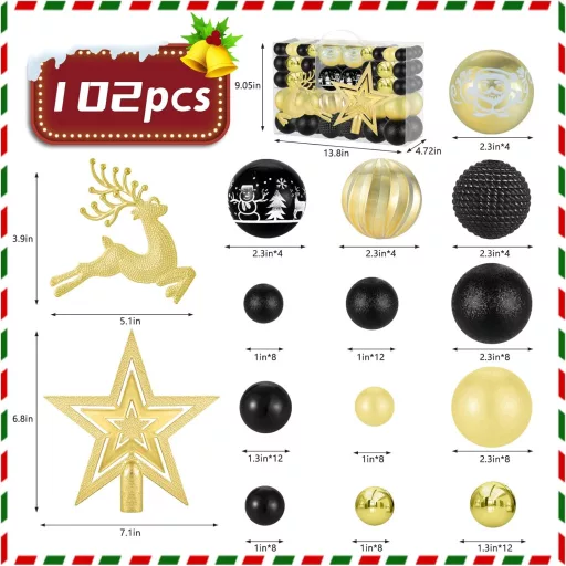 Set de 102 globuri negre și aurii pentru brad - Ornament de Crăciun din plastic, set cu dimensiuni și modele diferite, decor de interior/exterior