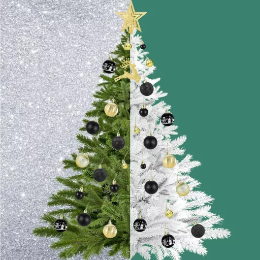 Set de 102 globuri negre și aurii pentru brad - Ornament de Crăciun din plastic, set cu dimensiuni și modele diferite, decor de interior/exterior