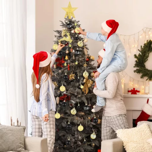Set de 102 globuri negre și aurii pentru brad - Ornament de Crăciun din plastic, set cu dimensiuni și modele diferite, decor de interior/exterior