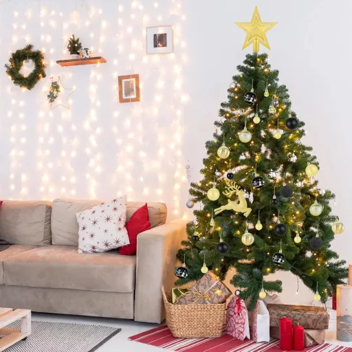 Set de 102 globuri negre și aurii pentru brad - Ornament de Crăciun din plastic, set cu dimensiuni și modele diferite, decor de interior/exterior