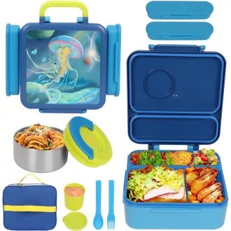  UHAPEER 3az1-ben Gyerek Uzsonnás Doboz Termikus Tállal, BPA-Mentes Bento Box Evőeszközzel