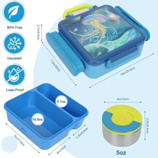 UHAPEER 3az1-ben Gyerek Uzsonnás Doboz Termikus Tállal, BPA-Mentes Bento Box Evőeszközzel