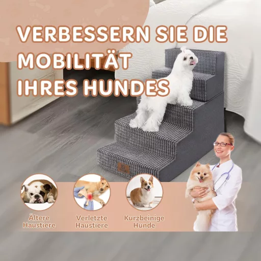 Psie schodíky Sytopia pre veľké psy, 5-stupňové, k posteli s výškou 60 cm, umývateľný poťah, pena s vysokou hustotou, pre staršie/zranené psy, 57 cm, sivá