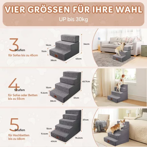 Sytopia kutyalépcső nagy kutyáknak, 5 lépcsőfokos, 60 cm magas ágyhoz, mosható huzat, nagy sűrűségű hab, idős/sérült kutyáknak, 57 cm, szürk