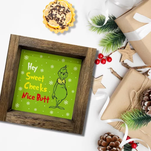 Vianočná dekorácia Grinch - Vianočný obraz na stenu v drevenom ráme, stolová dekorácia na zimnú domácu výzdobu, 15 x 15 cm