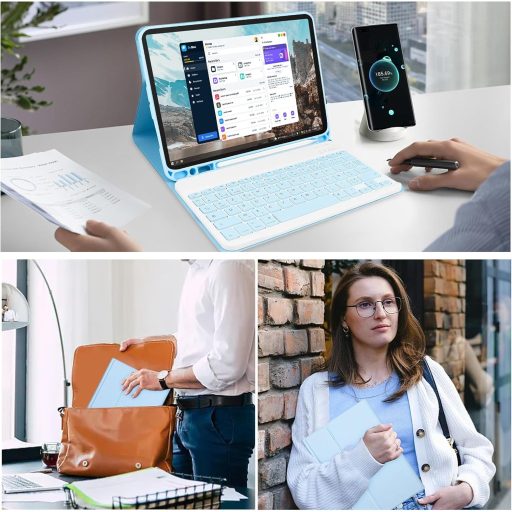 Tastatură Bluetooth Wireless TENGWUDZ Albastră pentru iPad Pro 11" 2024, cu husă.