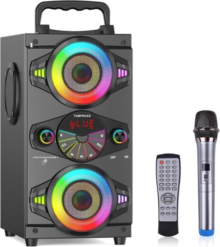 TOMPROAD Bluetooth Hangszóró 60W - Hordozható Vezeték Nélküli Hangfal Karaoke Funkcióval, FM Rádióval, LED Világítással és Távirányítóval