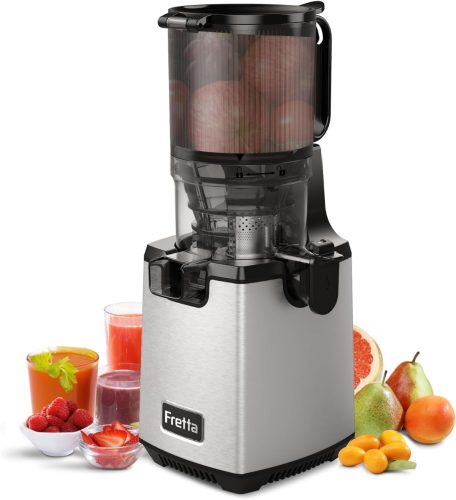 Fretta Slow Juicer 250W Odšťavovač na ovocie a zeleninu - Nerezový odšťavovač lisovaný za studena so širokým plniacim otvorom 135mm, funkciou spätného chodu, bez BPA.
