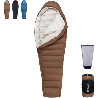  QEZER Ultrakönnyű Pehelytöltetű Hálózsák 660FP - Múmia Alakú, 3 Évszakos, -10°C Komfort, Kávébarna, Kempingezéshez, Túrázáshoz, Felnőtteknek