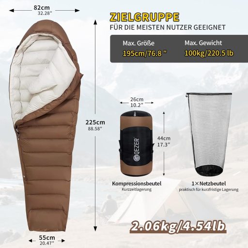 Sac de dormit ultraușor umplut cu puf QEZER 660FP - Model mumie, 3 sezoane, confort -10°C, maro cafea, pentru camping, drumeții, adulți
