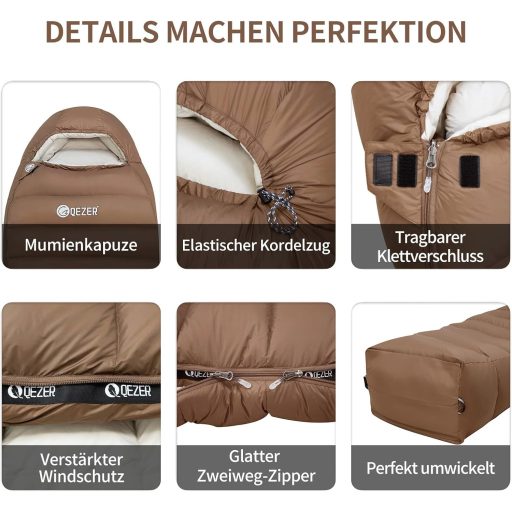 Sac de dormit ultraușor umplut cu puf QEZER 660FP - Model mumie, 3 sezoane, confort -10°C, maro cafea, pentru camping, drumeții, adulți