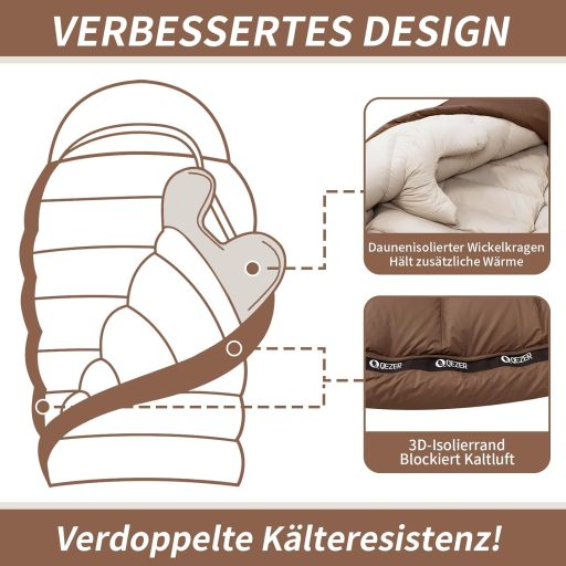Sac de dormit ultraușor umplut cu puf QEZER 660FP - Model mumie, 3 sezoane, confort -10°C, maro cafea, pentru camping, drumeții, adulți