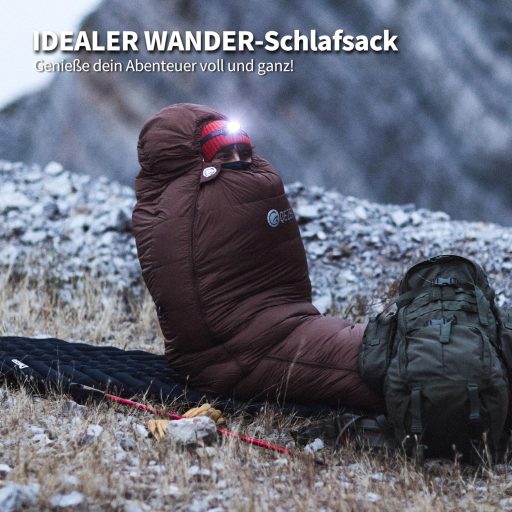 Sac de dormit ultraușor umplut cu puf QEZER 660FP - Model mumie, 3 sezoane, confort -10°C, maro cafea, pentru camping, drumeții, adulți