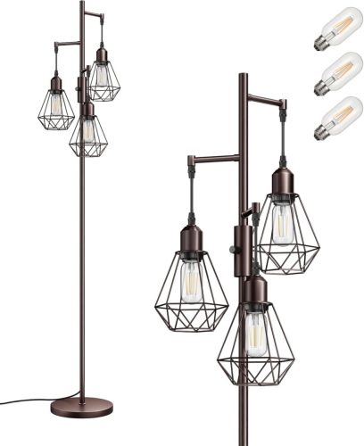 EDISHINE Lampă de podea Retro - 166 cm Înălțime, Lampă de podea Industrială Metalică cu 3 Becuri, Intensitate Luminoasă Reglabilă, Lumină Caldă 2700K, Maro