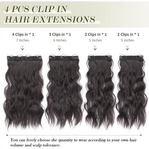 Extensii de păr cu clips FESHFEN, 4 bucăți, ondulate, groase, sintetice, negre, 40 cm.