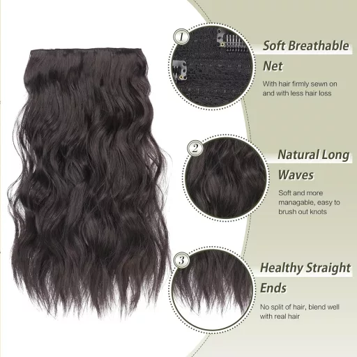 Extensii de păr cu clips FESHFEN, 4 bucăți, ondulate, groase, sintetice, negre, 40 cm.