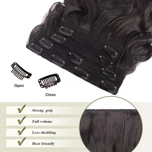 Extensii de păr cu clips FESHFEN, 4 bucăți, ondulate, groase, sintetice, negre, 40 cm.
