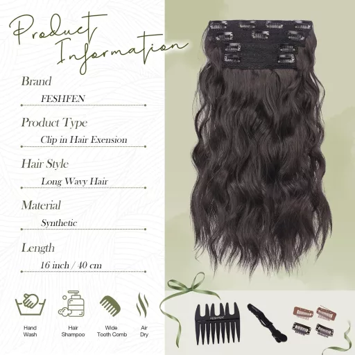 Extensii de păr cu clips FESHFEN, 4 bucăți, ondulate, groase, sintetice, negre, 40 cm.