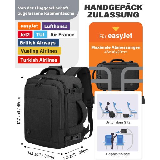 Rucsac laptop VANKEV 45x36x20, bagaj de mână pentru călătorii Easyjet, gri