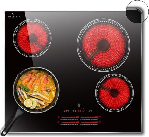 Plită vitroceramică DELITEER 60 cm, 4 zone, 6600W, control tactil, cu zonă dublă, plită electrică incorporabilă, 240V