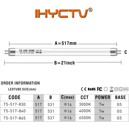 IHYCTV LED žiarivka T5 517mm 7W denná biela 6500K pätica G5 energeticky úsporná