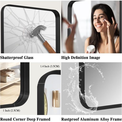 LunaMirror Fekete Fali Tükör 60x90 cm - Modern Alumínium Kerettel Fürdőszobába, Hálóba, Nappaliba - Függőlegesen és Vízszintesen Akasztható