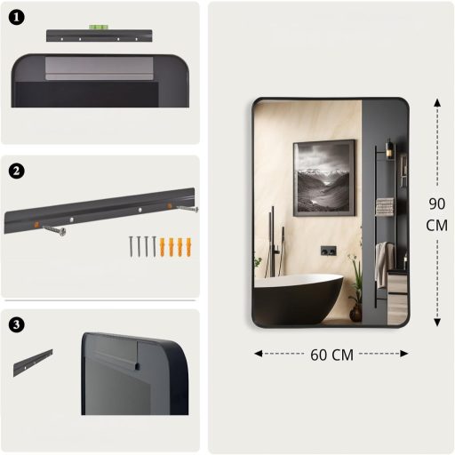 LunaMirror Fekete Fali Tükör 60x90 cm - Modern Alumínium Kerettel Fürdőszobába, Hálóba, Nappaliba - Függőlegesen és Vízszintesen Akasztható
