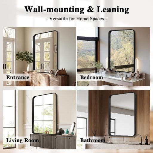 LunaMirror Fekete Fali Tükör 60x90 cm - Modern Alumínium Kerettel Fürdőszobába, Hálóba, Nappaliba - Függőlegesen és Vízszintesen Akasztható