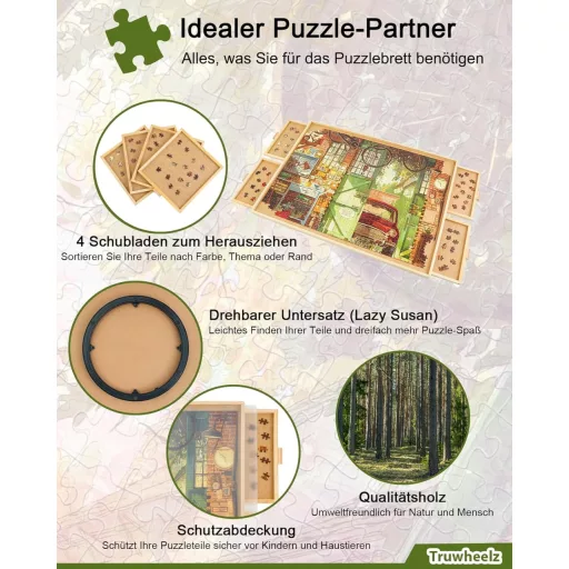 Truwheelz Forgatható Puzzle Asztal 2000 Darabos Kirakóhoz - 72,4x102 cm Fa Kirakós Tábla 4 Fiókkal és Fedéllel, Felnőtteknek
