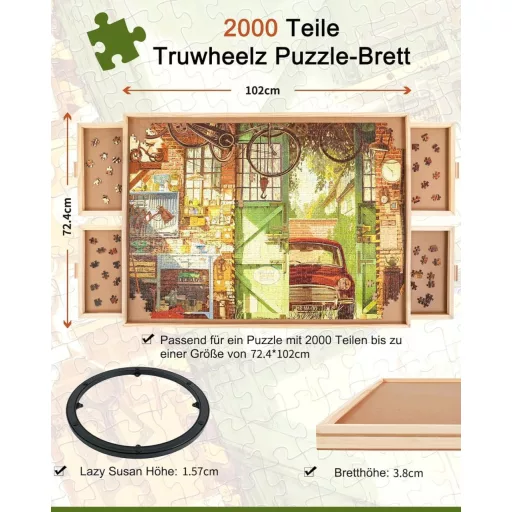Truwheelz Forgatható Puzzle Asztal 2000 Darabos Kirakóhoz - 72,4x102 cm Fa Kirakós Tábla 4 Fiókkal és Fedéllel, Felnőtteknek
