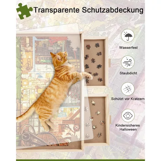 Truwheelz Forgatható Puzzle Asztal 2000 Darabos Kirakóhoz - 72,4x102 cm Fa Kirakós Tábla 4 Fiókkal és Fedéllel, Felnőtteknek