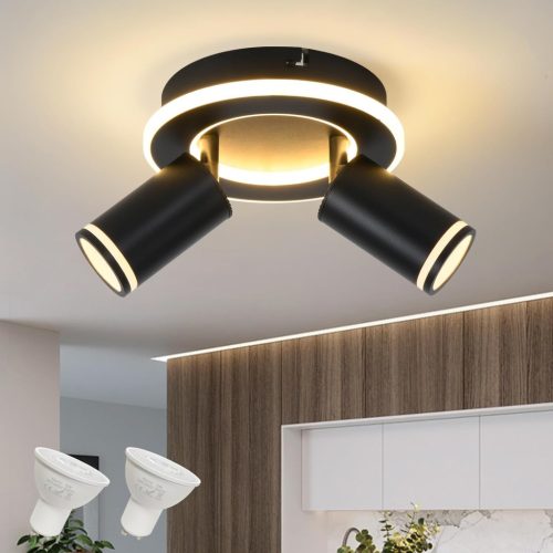 SANSHI Kerek Mennyezeti Spotlámpa 350° Forgatható, 15W+10W LED, Alsó Világítással, 2 GU10 Izzóval, 3000K Meleg Fehér, Modern Fekete Alumíniu