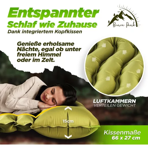Saltea autogonflabilă Brave Peak, 10 cm grosime, verde - Saltea de camping ușoară și compactă, pentru drumeții și trekking, 190x67 cm