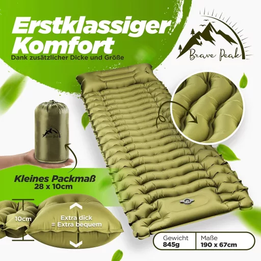 Brave Peak Önfelfújó Hálómatrac 10 cm Vastag Zöld - Könnyű Kompakt Kempingmatrac Túrázáshoz Trekking 190x67 cm