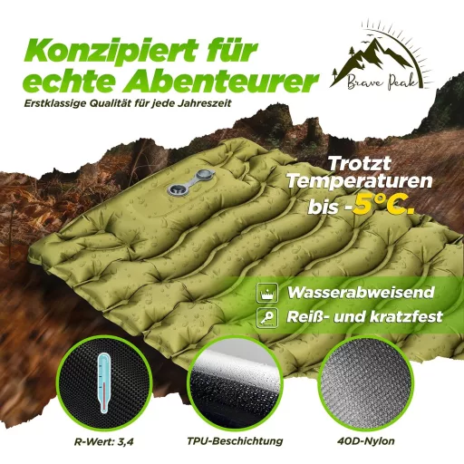 Brave Peak Önfelfújó Hálómatrac 10 cm Vastag Zöld - Könnyű Kompakt Kempingmatrac Túrázáshoz Trekking 190x67 cm