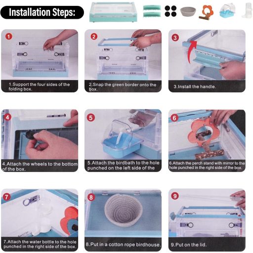 Svauoumu Prijenosna Kutija za Nošenje Ptica - Plavi Putni Kavez za Papige, Tigrice, Papigice - Sklopiv, Prozračan, s Pojilicom i