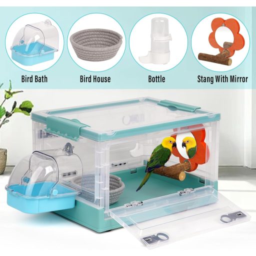 Svauoumu Cușcă Portabilă de Transport Păsări - Albastră, cușcă de călătorie pentru papagali, peruşi, canari - Pliabilă, ventilată, cu adăpător și