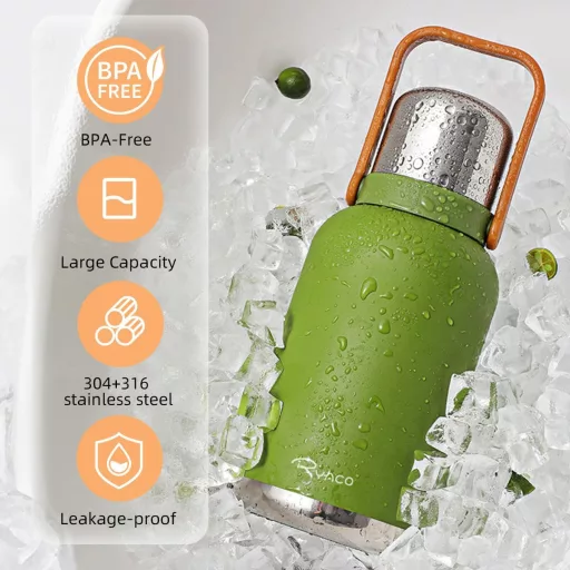 RYACO Sticlă termică de apă 1.2L din oțel inoxidabil, fără BPA, cu curea - verde