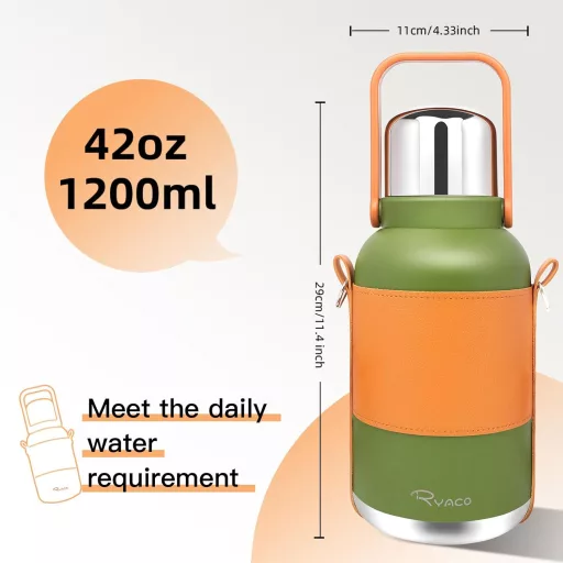 RYACO Sticlă termică de apă 1.2L din oțel inoxidabil, fără BPA, cu curea - verde