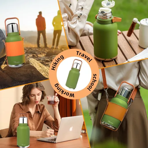 RYACO 1.2L rozsdamentes acél termikus vizes palack, BPA mentes, szíjjal - zöld