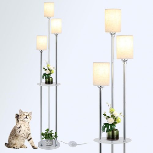 Lampadar Modern Rayofly cu Raft - Bază Cromată Metalică, Abajur din In, Iluminare cu 3 Becuri, Întrerupător de Picior - Decor pentru Living, Dormitor, Colț Birou