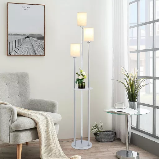Rayofly Modern Állólámpa Polccal - Króm Fém Talp, Len Lámpaernyő, 3 Izzós Világítás, Lábkapcsoló - Nappali, Hálószoba, Iroda Sarok Dekoráció