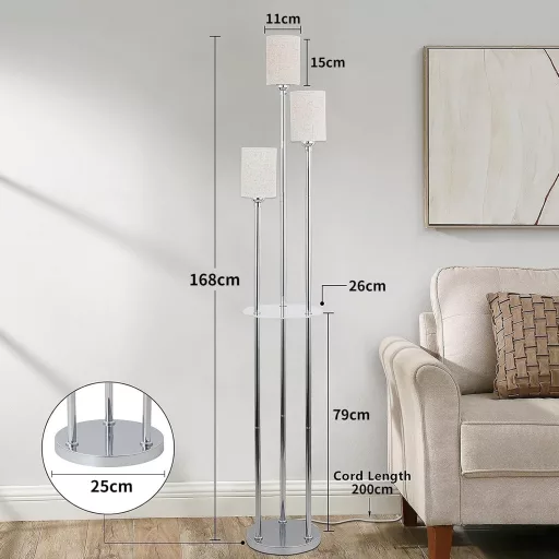 Lampadar Modern Rayofly cu Raft - Bază Cromată Metalică, Abajur din In, Iluminare cu 3 Becuri, Întrerupător de Picior - Decor pentru Living, Dormitor, Colț Birou