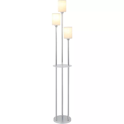 Lampadar Modern Rayofly cu Raft - Bază Cromată Metalică, Abajur din In, Iluminare cu 3 Becuri, Întrerupător de Picior - Decor pentru Living, Dormitor, Colț Birou