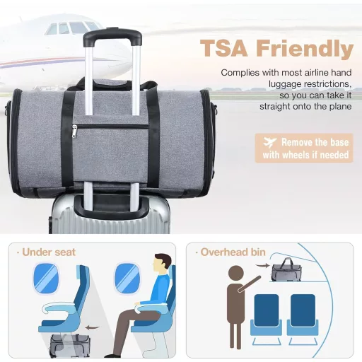 Lekespring Geantă de costum cu roți pentru călătorie, geantă de weekend convertibilă, geantă mare de cabină pentru haine, gri