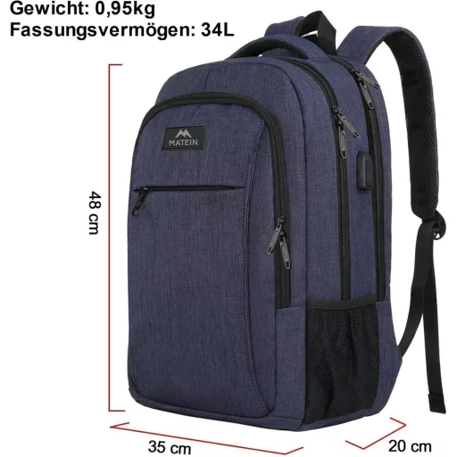 MATEIN Rucsac pentru Laptop de 17,3 Inchi cu Port de Încărcare USB, Impermeabil, Antifurt, pentru Bărbați și Femei, Geantă de Călătorie și Școală, Albastru Închis