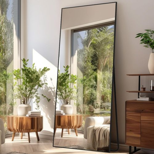Oglindă de corp LunaMirror 180x76 cm - Oglindă de podea stativă pentru dormitor, living - Oglindă de perete neagră cu ramă de aluminiu