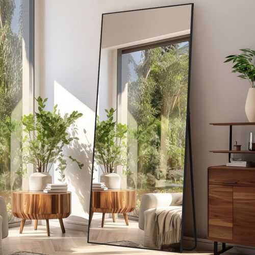 Oglindă de corp LunaMirror 180x76 cm - Oglindă de podea stativă pentru dormitor, living - Oglindă de perete neagră cu ramă de aluminiu