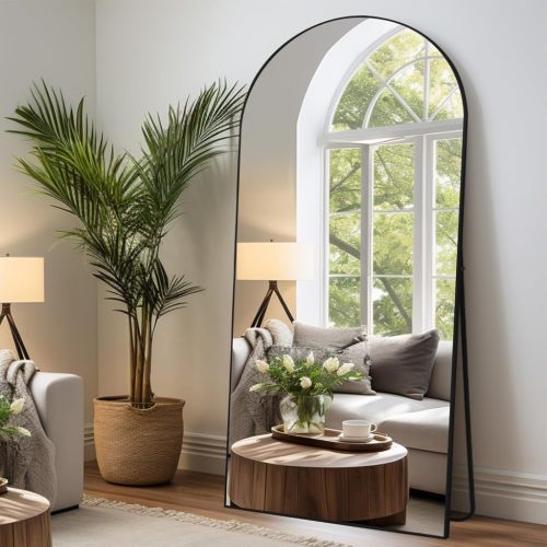 Oglindă de podea curbă LunaMirror 192x85 cm - Oglindă de corp întreagă pentru dormitor, living - Cadru negru din aluminiu, sticlă nano