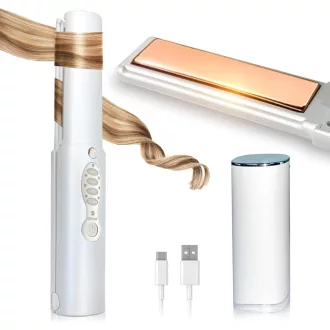   ADOBIRD Ondulator și Placă de Păr Wireless 2in1 - Baterie 5000 mAh, Plăci Titan, 3 Trepte de Temperatură, Încălzire Rapidă, Pentru Călătorii, Alb